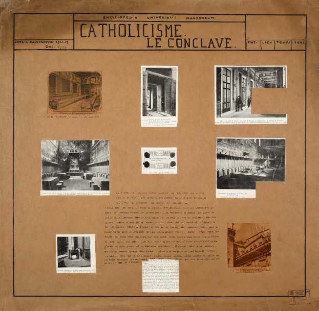 Ein Buch mit Bildern und Texten, die die Geschichte der katholischen Kirche dokumentieren, einschließlich Fotos von ihren Räumen, Gängen und erhaltenen Artefakten.