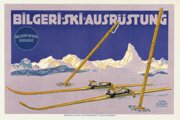 Plakat, das eine Skigebiet in den Schweizer Alpen bewirbt, mit Skiern im Vordergrund und schneebedeckten Bergen im Hintergrund sowie Text mit Informationen zum Skigebiet.