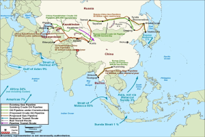 Ausführliche Weltkartenplakat, das geplante Öl- und Gasleitungen zeigt, darunter Länder, große Städte, Gewässer und Erläuterungstext.