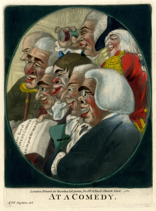 Gruppe von Menschen in einem Kreis lachend, einer hält ein Papier, mit "Bei einer Komödie" Text unten.