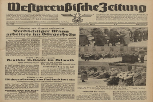 Titelseite einer deutschen Zeitung vom 13. November 1939, betitelt mit «Weitpreubliche Zeitung», die eine Gruppe von Menschen in traditioneller deutscher Kleidung in einer feierlichen Atmosphäre zeigt.