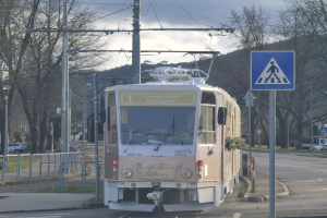Straßenbahn fährt auf Schienen neben einer Straße mit Strommasten, Schildern, Fahrzeugen, Gebäuden, Bäumen und einem bewölkten Himmel im Hintergrund.