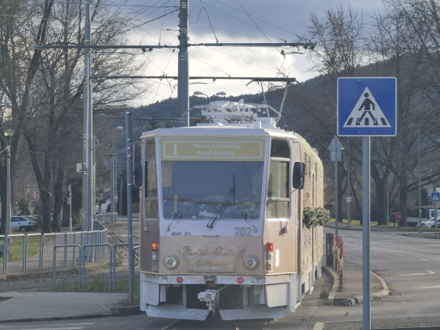 Straßenbahn fährt auf Schienen neben einer Straße mit Strommasten, Schildern, Fahrzeugen, Gebäuden, Bäumen und einem bewölkten Himmel im Hintergrund.