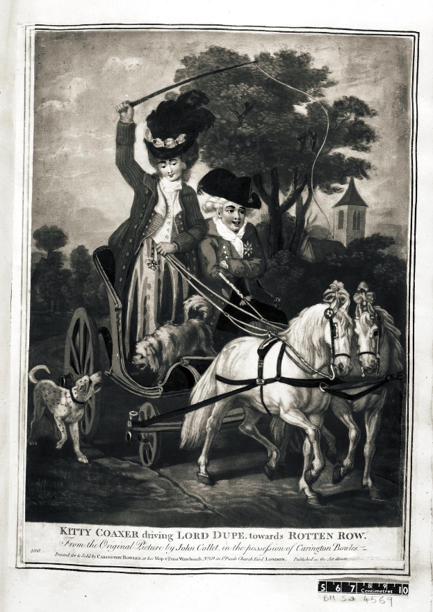 Ein Gemälde, das Kitty Coaxer bei der Fahrt von Lord Dupe in einer Zweispänner-Kutsche entlang des Rotten Row zeigt, begleitet von einem Hund, mit Bäumen und einem Gebäude im Hintergrund und Text unten.