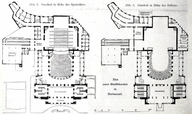 Schwarzes und weißes architektonisches Grundrissbild des Stadthauses in Dortmund, Deutschland, mit zahlreichen beschrifteten Räumen und Abmessungen.