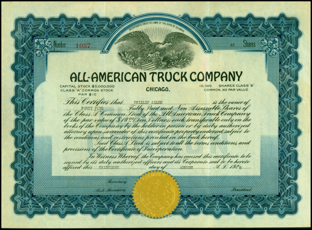 Aktienzertifikat einer US-amerikanischen Lkw-Firma mit schwarzem Rand und goldenem Siegel in der Mitte, das bedruckten Text enthält.