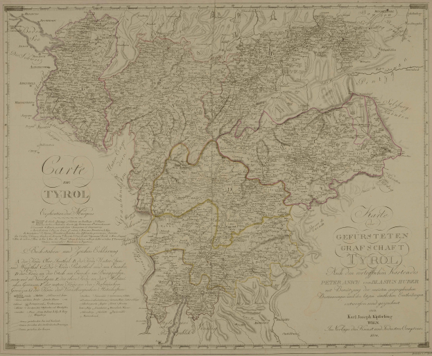 Ein detaillierter alter Stadtplan von Tirol, Deutschland, der Städte, Ortschaften, geografische Merkmale und Text mit Informationen zur Bevölkerung, Straßen und Sehenswürdigkeiten zeigt.