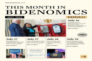 Ein Plakat mit der Aufschrift 'This Month in Bidenomics July 2023' mit Text, Bildern von Menschen und einem elektronischen Gerät.