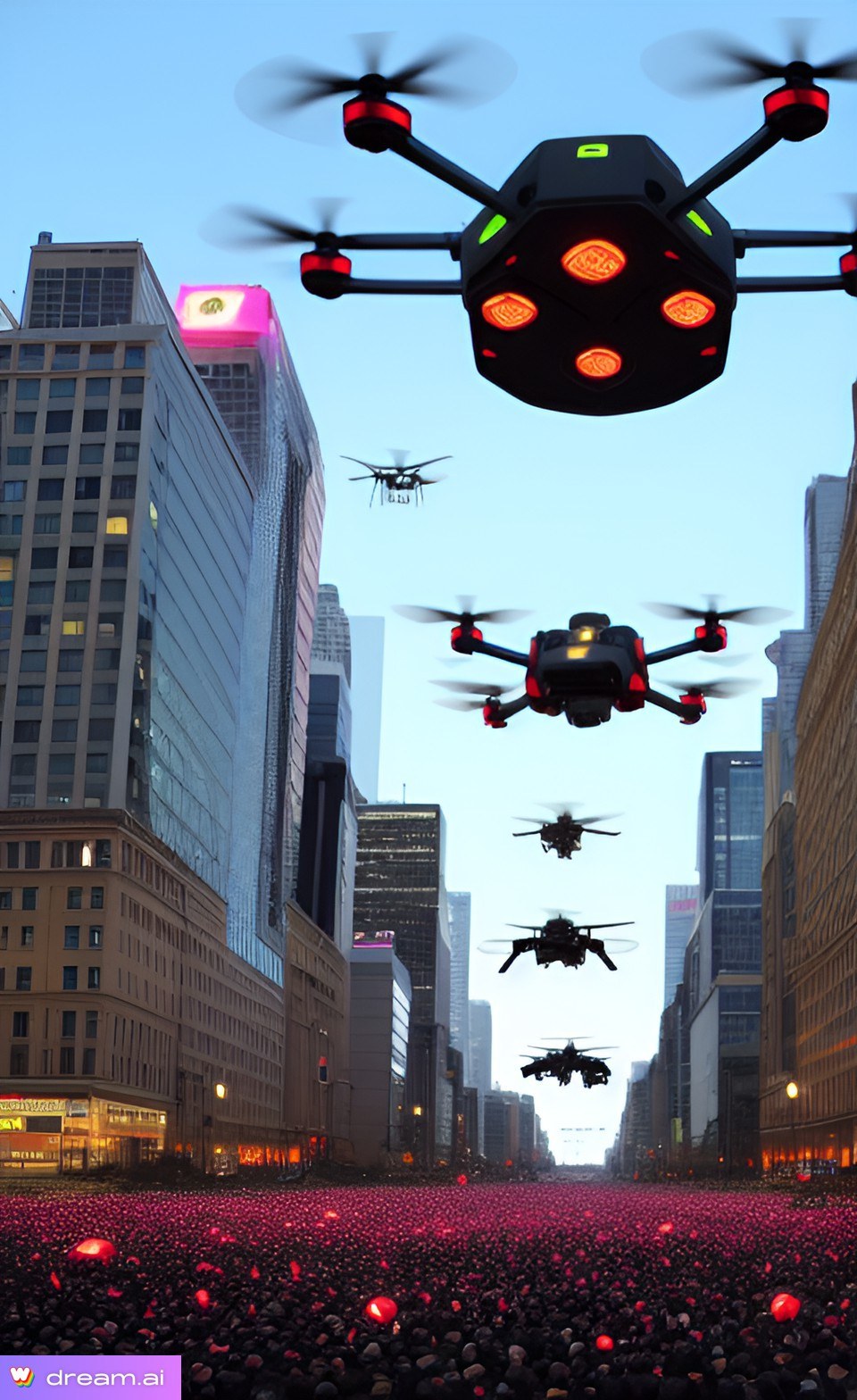 Eine Gruppe von Drohnen fliegt "uber eine Straße in der Stadt mit Menschen darunter, vor dem Hintergrund von beleuchteten Geb"uden und dem Himmel.