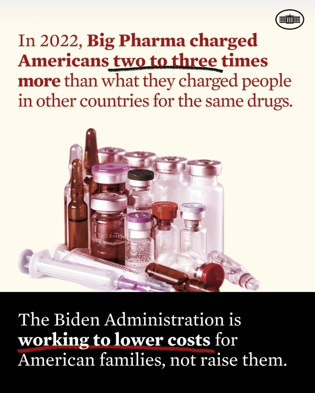 Plakat, das zeigt, dass Big Pharma 2022 Amerikaner zwei bis drei Mal so viel für dieselben Medikamente berechnet hat wie in anderen Ländern, mit Bildern von Medikamentenflaschen und einer Spritze.