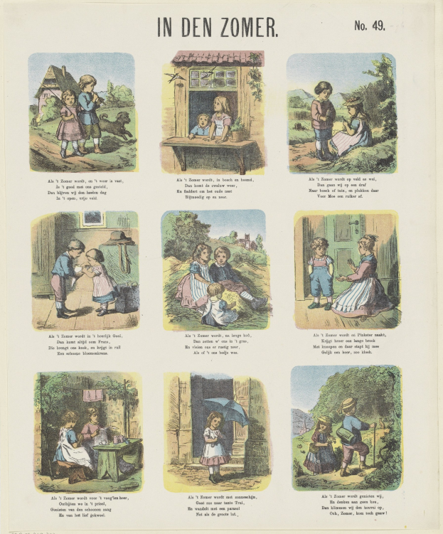 Ein buntes Kinderbild zeigt Kinder in farbenfroher Kleidung, die fröhlich in einem grünen Garten mit Bäumen und Sträuchern spielen, begleitet von spielerischem Text.
