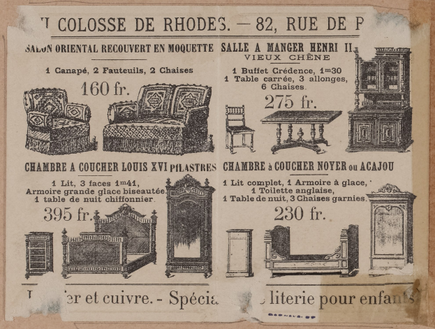 Schwarz-weiß-Anzeige für ein Möbelgeschäft mit einer Couch, einem Stuhl und einem Tisch daneben.