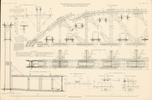 Altes Buch mit detaillierten Diagrammen und Texten über Brückenbau, mit einer Illustration einer Eisenbahnschiene auf dem Cover.