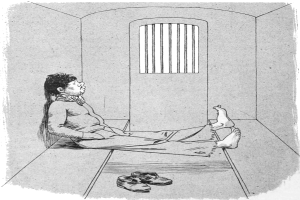 Schwarz-weißes Bild eines Mannes, der auf dem Boden in einer Zelle sitzt, mit einem Paar Schuhen neben ihm; Text ist unten sichtbar.