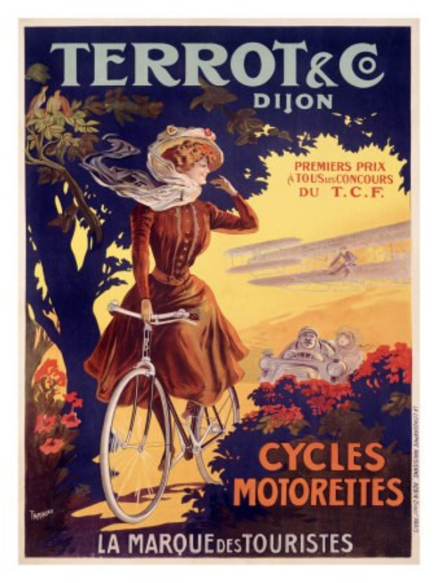 Ein Plakat, das eine Fahrradtour in Frankreich ankündigt und eine Frau zeigt, die auf einem Fahrrad durch Bäume, Blumen und andere Radfahrer fährt, mit Text, der die Tour beschreibt.