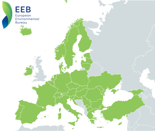 Eine Europakarte mit dem Logo des Europäischen Umweltbüros in der linken oberen Ecke, die in verschiedenen Grüntönen schattiert ist, um EU-Regionen anzuzeigen.