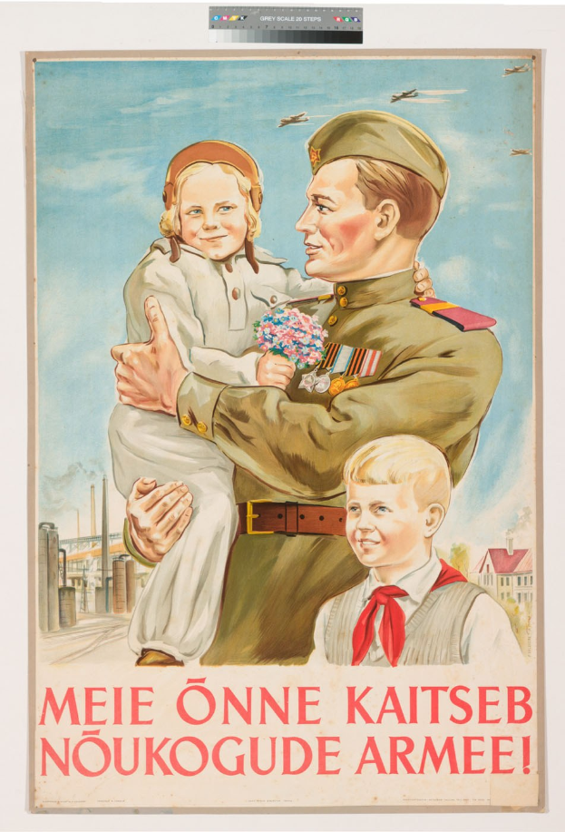 Ein polnisches Weltkriegspropagandaplakat, das einen Mann zeigt, der ein Kind hält und von zwei weiteren Kindern umgeben ist, begleitet von Text.