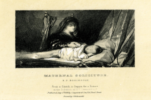 Eine Frau in einem weißen Kleid sitzt auf einem Bett und hält ein Baby im Arm, das zufrieden zu ihr aufschaut; der Text "Maternal Solitude by R.P. Bonington" ist unten angezeigt.