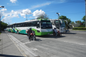 Ein grüner und weißer Shuttlebus parkt am Straßenrand mit Motorrädern davor, umgeben von einem grasbewachsenen Gehweg und umgeben von Laternenmasten, Bäumen, Gebäuden und einem klaren blauen Himmel.