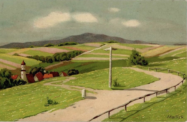 Gemälde einer ländlichen Landschaft mit einer gewundenen Straße, Häusern, Bäumen, Gras, einem Pfahl, einem Zaun, Hügeln und einem bewölkten Himmel, mit Text unten.