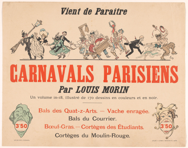 Ein Blatt mit der Überschrift "Carnivals Parisiens par Louis Morin" in fetter Schrift, das farbenfrohe Illustrationen von Menschen in bunten Faschingskostümen und Masken zeigt und von komplexen Designs umgeben ist.