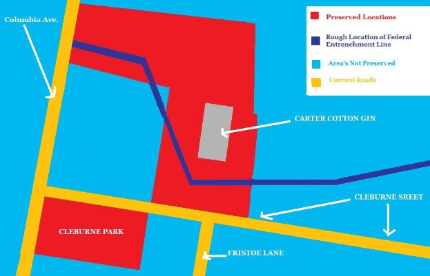 Map of a city with red and blue areas, showing a proposed site location indicated by text on the right side.