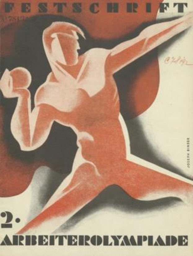 Ein Plakat für die Olympischen Sommerspiele 1932 in Berlin, Deutschland, das eine Person in einem leuchtend gelben Overall mit entschlossener Miene zeigt, umgeben von Text einschließlich 'Festschrift' in fetter, schwarzer Schrift.