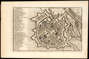 Ein altes, detailliertes Stadtplan von München, Deutschland, auf einem schwarzen Hintergrund, der Straßen, Gebäude und Sehenswürdigkeiten zeigt, mit Text, der zusätzliche Informationen bietet.