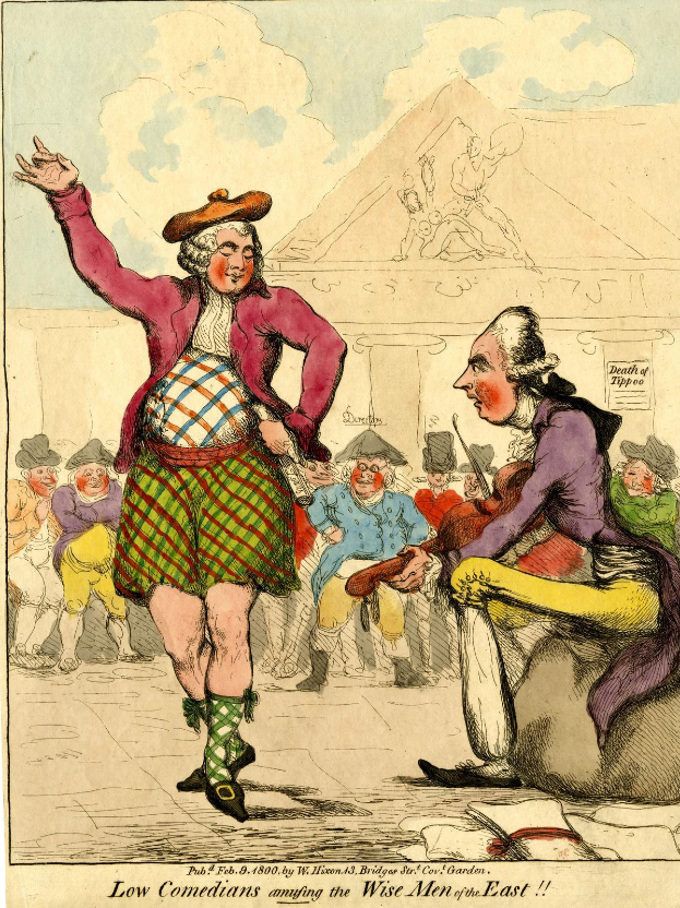 Cartoon-Illustration eines Mannes in einem Kilt und einer Frau in einem Kleid, die vor einem Gebäude für eine Menge auftreten, mit Text unten, der 'Niedrige Komiker amüsieren die weisen Männer des Ostens' liest.