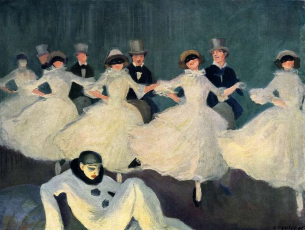 Gemälde mit dem Titel "Tanz am Moulin Rouge" von Edgar Degas, das Tänzerinnen in weißen Kleidern und bunten Kostümen auf einer Bühne zeigt, mit einer Person im Vordergrund, unter warmem gelbem Licht gegen einen lebhaften blauen Hintergrund.