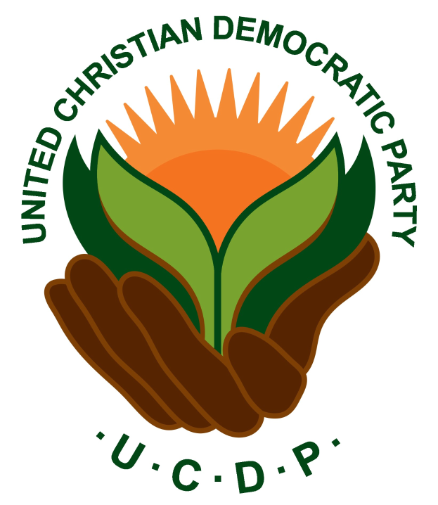 Logo der Vereinigte Christdemokraten (UCDP) mit einer Hand, die eine leuchtend gelbe Blume mit grünem Stiel und Blättern hält, vor einem weißen Hintergrund mit einem blauen und gelben Kreis in der Mitte; der Text 'UCDP' ist in fetter schwarzer Schrift darunter geschrieben.