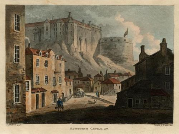 Gemälde von Edinburgh Castle mit Gebäuden, Fenstern, Menschen, Karren und einer Fahne im Vordergrund, Wolken am Himmel und Text unten.