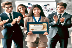 Eine Gruppe von Menschen in einer professionellen Umgebung klatscht und feiert, während eine Frau in der Mitte ein Zertifikat hält und eine Medaille trägt, die unternehmerischen Erfolg anzeigt.