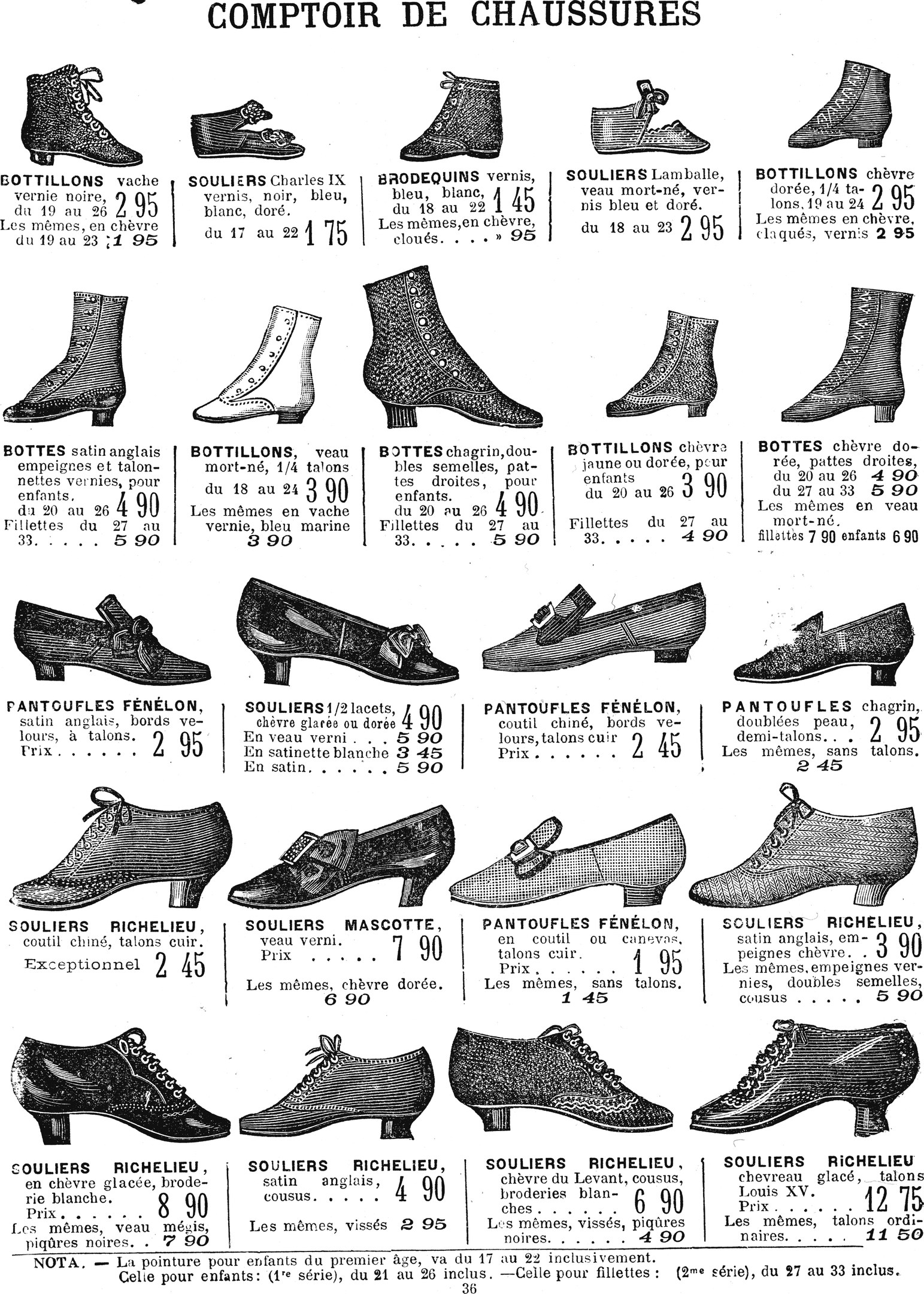 Eine Seite aus einem Buch, das verschiedene Frauen-Schuhe mit einzigartigen Designs, Preisschildern und detaillierten Beschreibungen zeigt, einschließlich Größe, Form, Farbe und Muster.