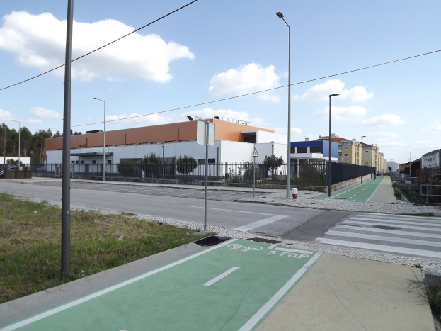 Eine städtische Straße mit einer zentralen grünen Radspur, die von Gras, Pfählen, Laternen, Schildern, Zäunen, Pflanzen, Bäumen und Gebäuden gesäumt ist, unter einem bewölkten Himmel.