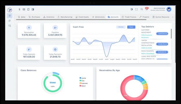 Laptop-Bildschirm mit einer Finanzmanagement-Dashboard-Ansicht mit Graphen und Text auf einem weißen Hintergrund mit einem blauen Kopfbereich.