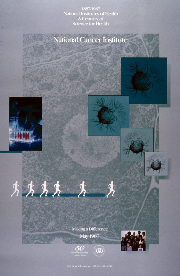 Buntes Plakat für das National Cancer Institute mit blauem Hintergrund und weißer Schrift, das einen Kreis aus überlappenden Bildern von lächelnden Menschen verschiedenen Alters, Geschlechts und Ethnien um die fettgedruckte, großgeschriebene Überschrift zeigt.