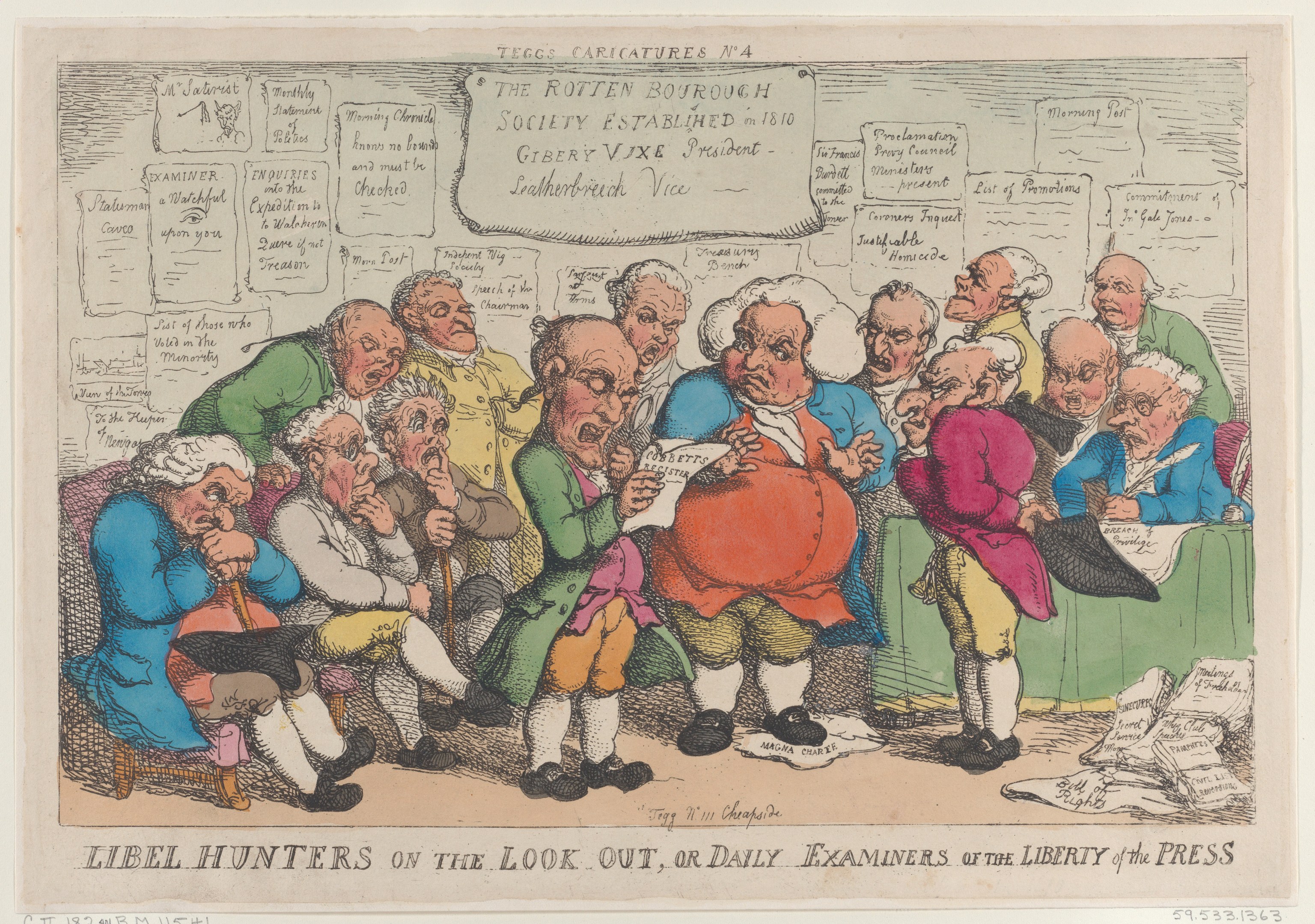 Eine Gruppe von Menschen, die um einen Tisch sitzen, einer hält ein Papier in der Hand, mit verstreuten Papieren und Gegenständen auf dem Tisch und Text unten, der "Libel Hunters on the Look Out, or Daily Examiners of the Liberty of the Press." lautet.
