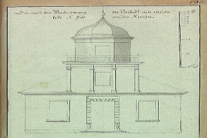 Ein Buch mit einer Zeichnung eines Kuppelbaus, der als die Kirche des Heiligen Grabes in Berlin, Deutschland, identifiziert wird, zusammen mit erklärendem Text.