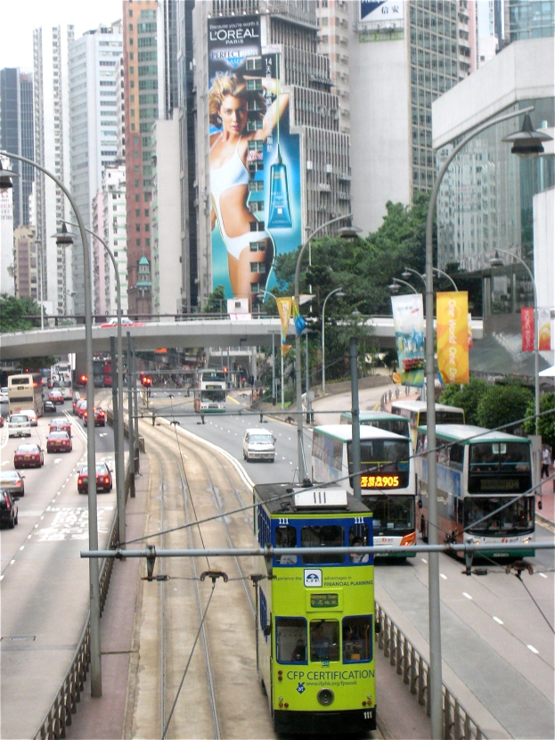 Eine belebte Stadtstraße mit Doppeldeckerbussen, Autos und anderen Fahrzeugen, umgeben von hohen Gebäuden, Bäumen, Straßenlaternen, Schildern und einer Brücke unter einem klaren blauen Himmel, mit Text am unteren Rand.
