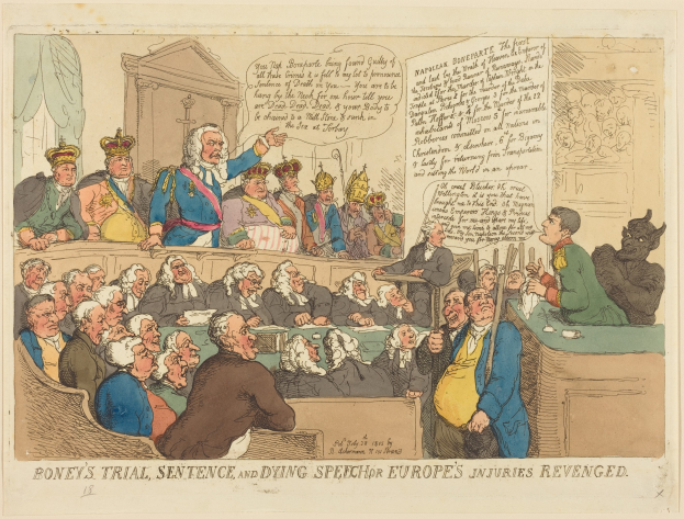 Cartoon-Courtroom-Szene mit einem stehenden Mann in der Mitte, sitzenden Beobachtern, einem Tisch mit Gegenständen rechts und der Beschriftung "Boney's Trial, Sentence and Dying Speech Europe's Injuries Revenged" unten.