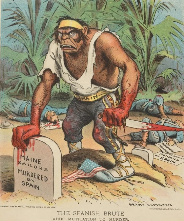 Ein Cartoon eines Mannes mit einem Messer vor einem Grab mit Text, umgeben von liegenden Menschen und Bäumen im Hintergrund; Text unten lautet: "Der spanische Barbar fügt Verstümmelung zum Mord hinzu."