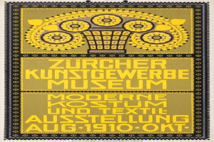 Ein 1910er Plakat für das Zücher Kunstgewerbe Museum in Berlin, Deutschland, mit einem gelben Hintergrund, einer schwarz-weißen Illustration eines Museumsgebäudes und der Schrift 'Zürcher Kunsthwerbe Museum' in fetter schwarzer Schrift.