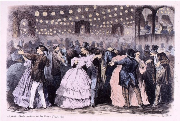 Eine Gruppe von Menschen, die in einem Ballsaal tanzen, mit beleuchteten Wänden und dem Text 'Madame Baille Nacional en la Campagne Bleuet, 1860' unten.