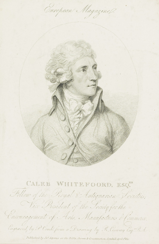 Portrait von Caleb Whiteford, Esq., Präsident der Society for the Encouragement of Arts, Manufacturers and Commerce, der einen Anzug trägt und ernst dreinschaut, während er ein Papier mit geschriebenem Text hält.