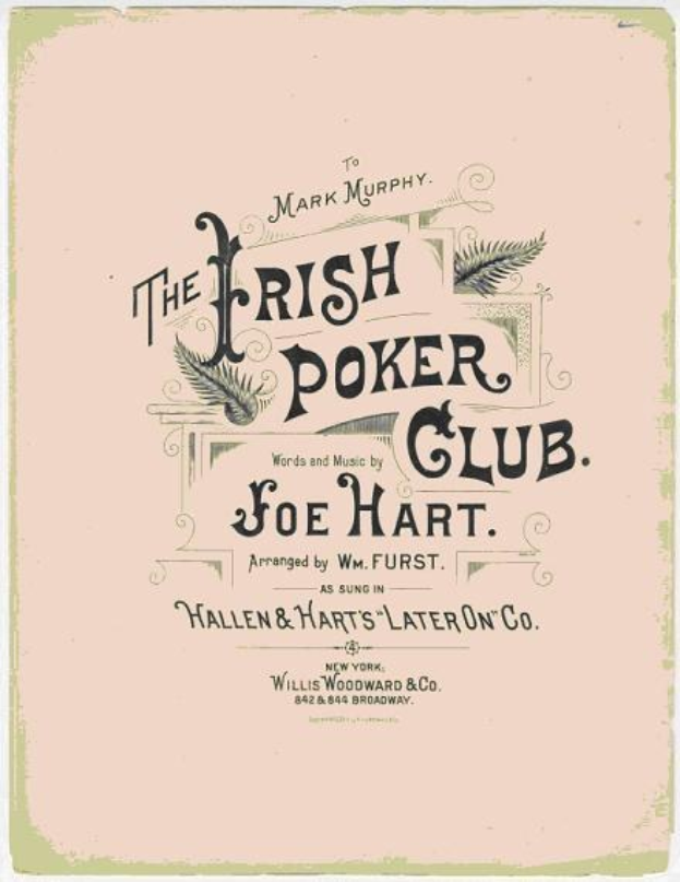 Plakat mit der Aufschrift 'The Irish Poker Club' in fetter schwarzer Schrift auf einem weißen Hintergrund, eingerahmt von einem schmalen schwarzen Rand, mit einer bunten Kleeblatt-Illustration.