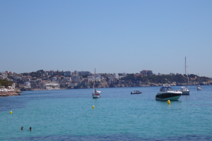 Eine Gruppe von Booten auf dem Wasser treibend mit Menschen darunter, Gebäude, Bäume und einen klaren blauen Himmel im Hintergrund.