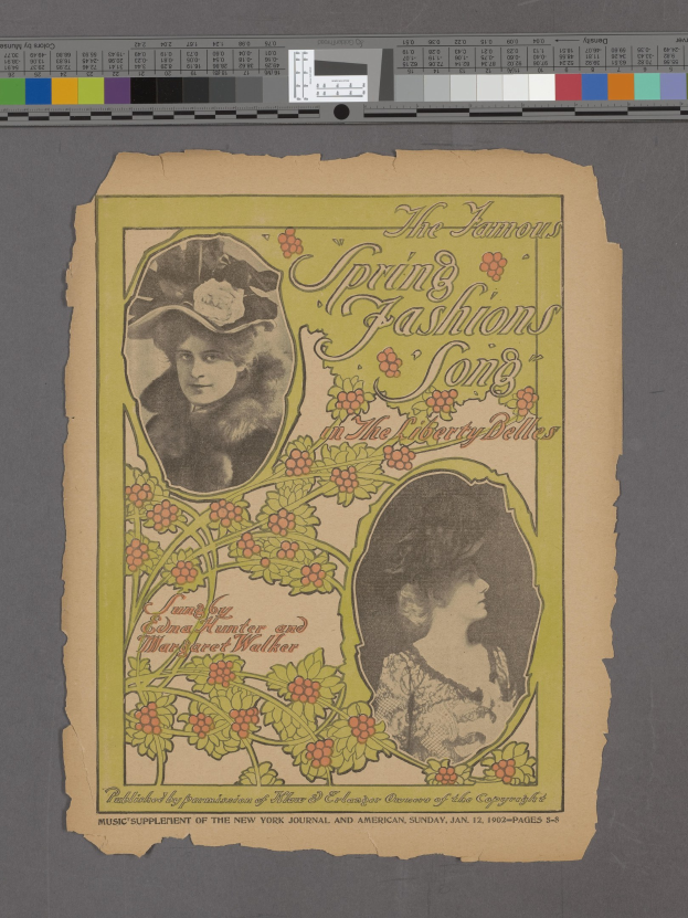 Papier mit Bildern von zwei Frauen und Text mit der Überschrift "The Famous Spring Fashions Song" oben, mit Farbskalen darüber.