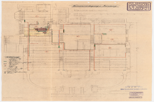 Schwarze-weißer Architekturplan des Rosenhof-Krankenhauses in Hamburg, Deutschland, mit zahlreichen Drähten, Zimmern, Fluren und Textanmerkungen auf altem Papier.