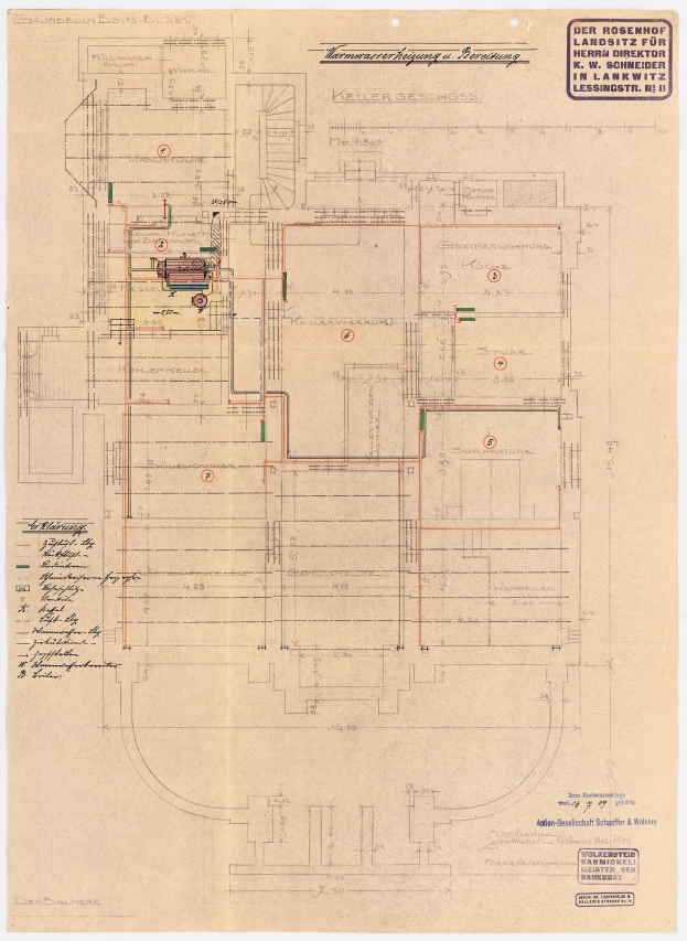 Schwarze-weißer Architekturplan des Rosenhof-Krankenhauses in Hamburg, Deutschland, mit zahlreichen Drähten, Zimmern, Fluren und Textanmerkungen auf altem Papier.